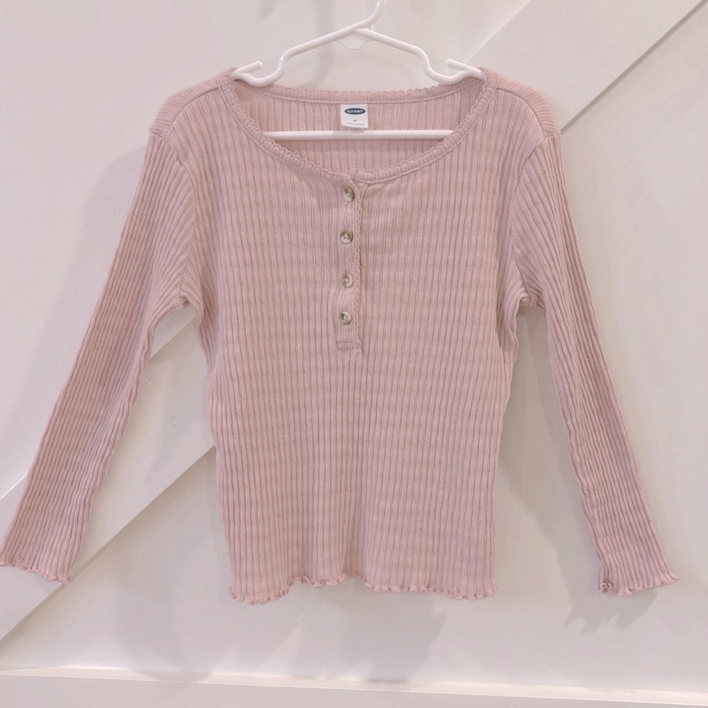 Dusty Rose Blush Pink Ribbed Long Sleeve Half Button Up Top